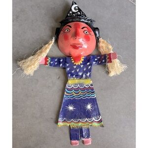 Handcrafted Mexican Folk Art Coconut 
Witch Doll with Starry Dress